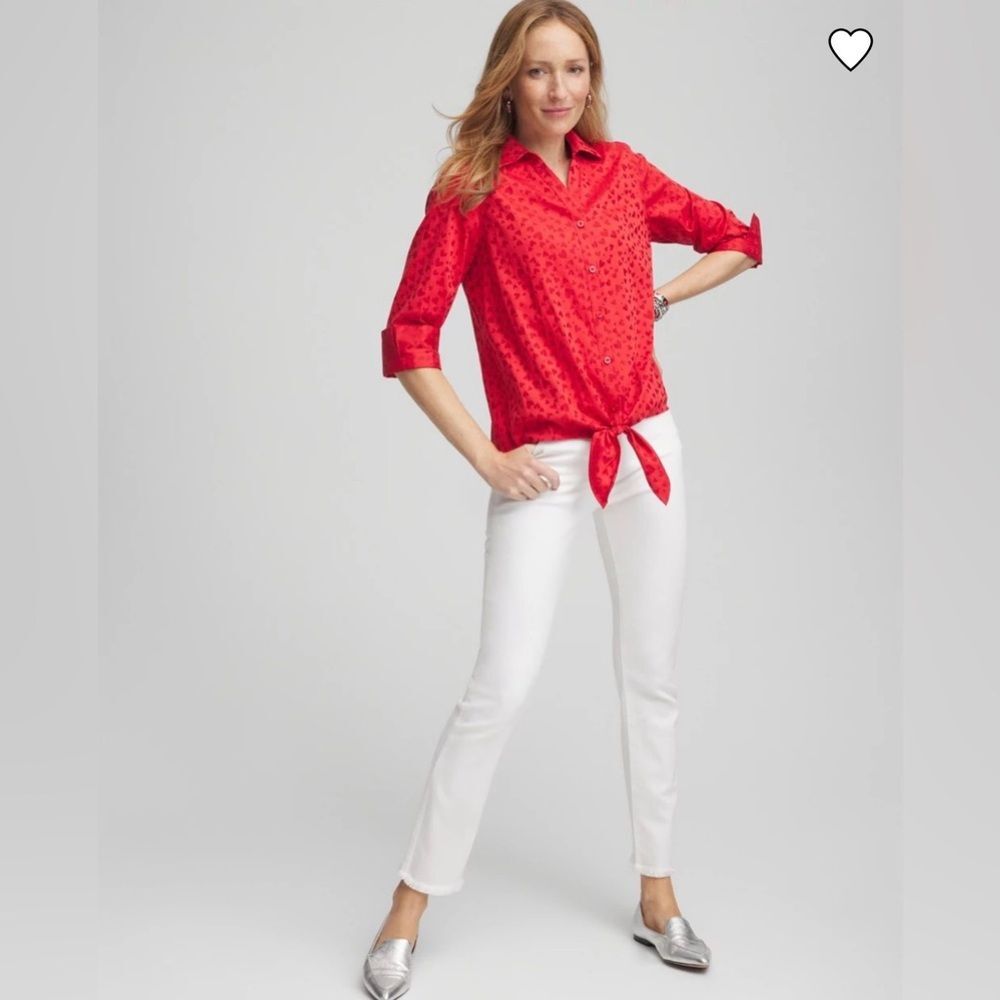 Chico’s No Iron Collared Shirt Top Size 00 US 2 Botton Tie Front 3/4 Sleeve Red